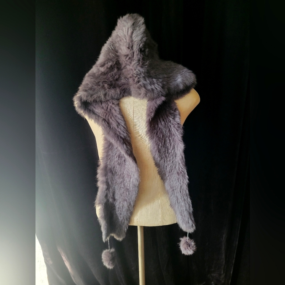 Grey Rabbit Fur Head Wrap & Scarf